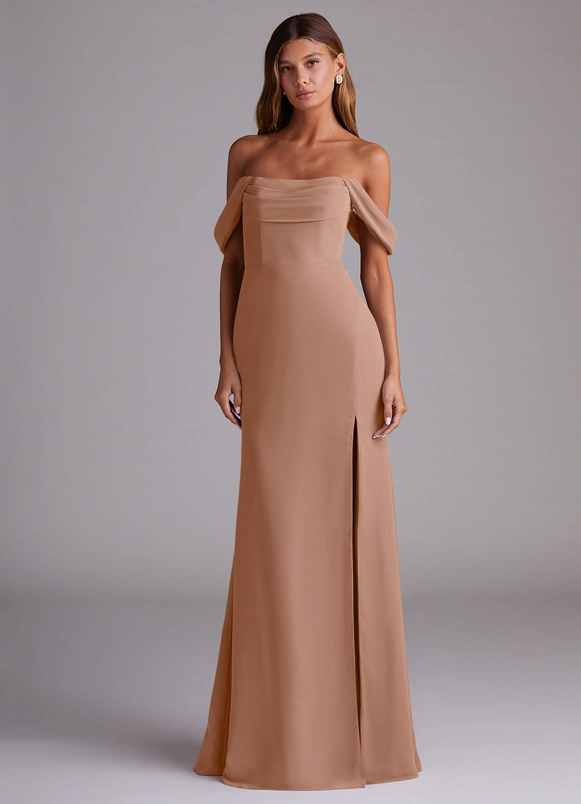 Azazie Saige Bridesmaid Dresses Champagne Rose A-Line Off the Shoulder Chiffon Convertible Dress image2