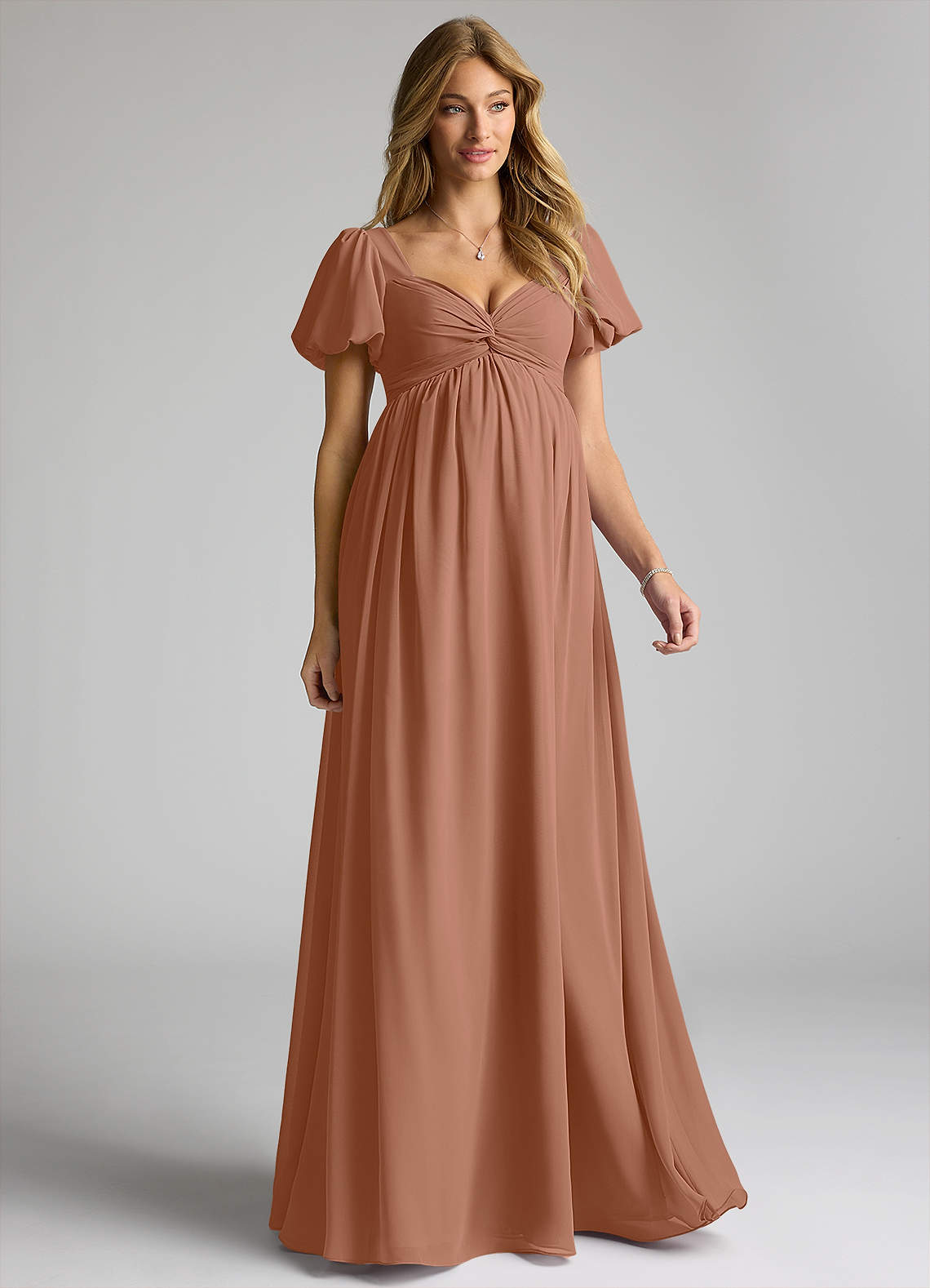 Azazie Madisynn Zwangerschaps Bruidsmeisjekleding Boog Chiffon Vloerlengte Jurk image1