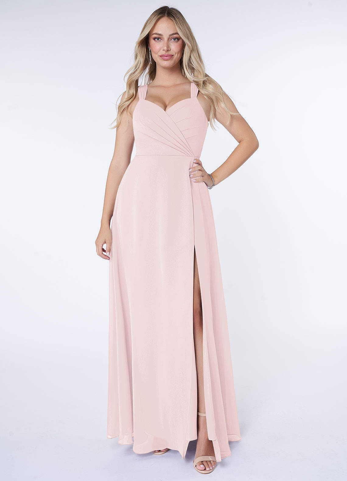 Azazie Nahrin Brautjungfernkleider A-Linie V-Hals Gefaltet Chiffon Kleid Zartrosa image1