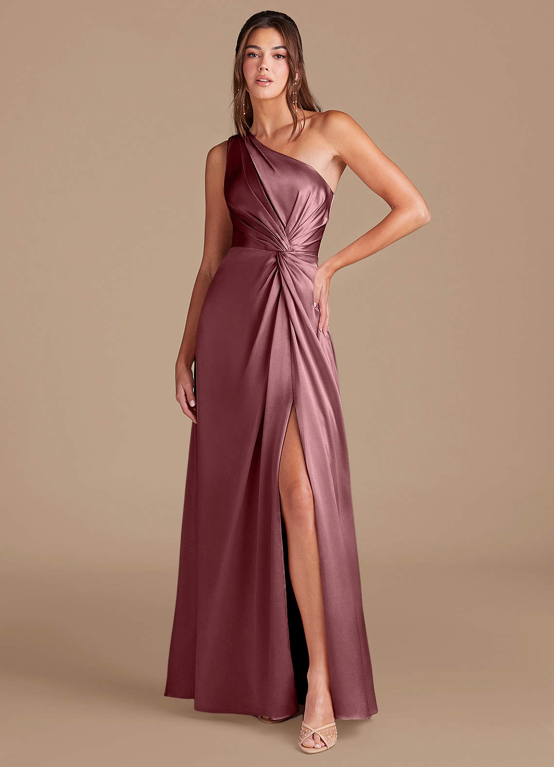 Azazie Brooke Bridesmaid Dresses Vintage Mauve A-Line One Shoulder Metallic Satin Dress image1