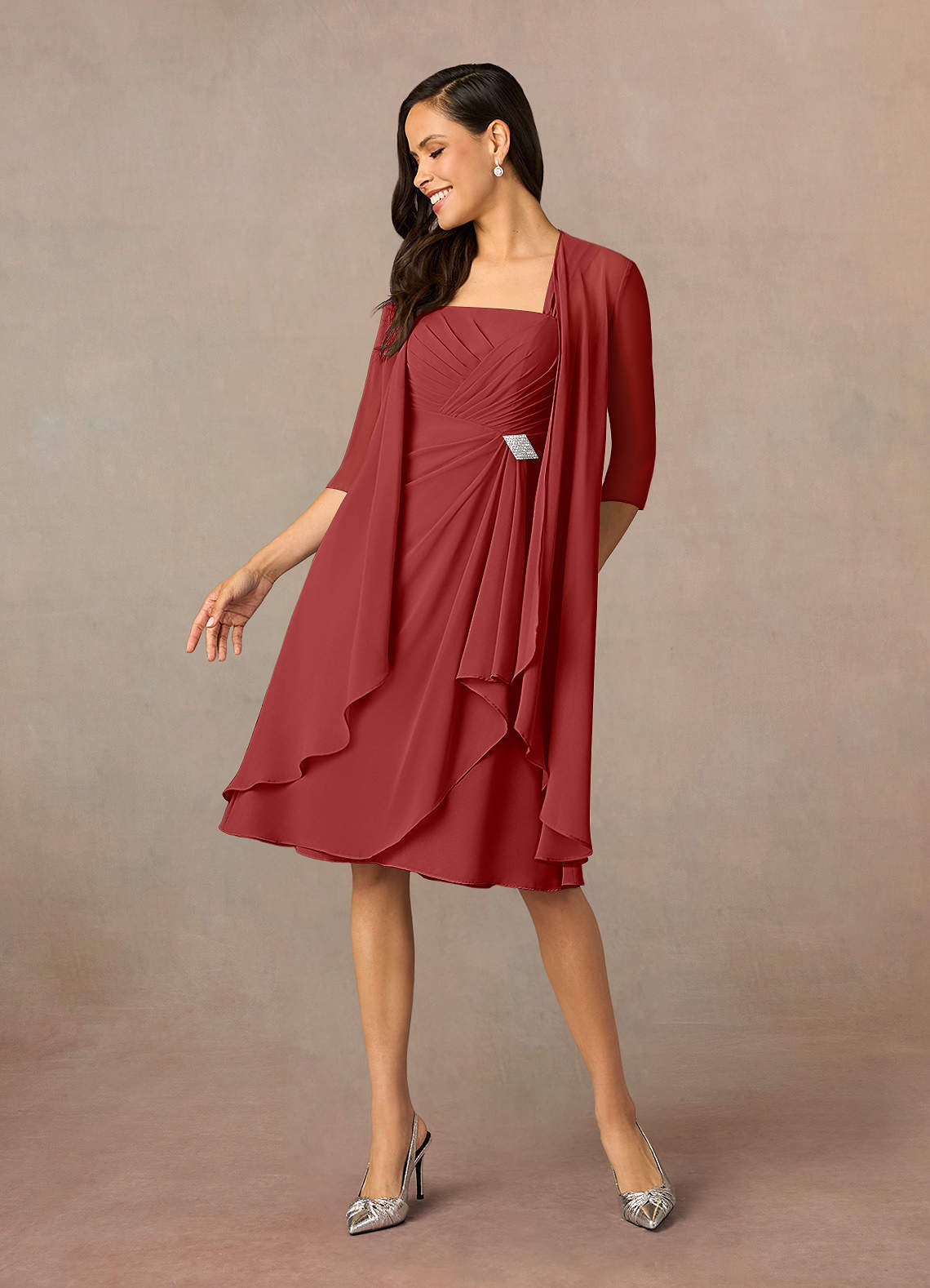 Azazie Olivia Mother of the Bride Dresses Rust A-Line Square Neckline Pleated Chiffon Dress image1