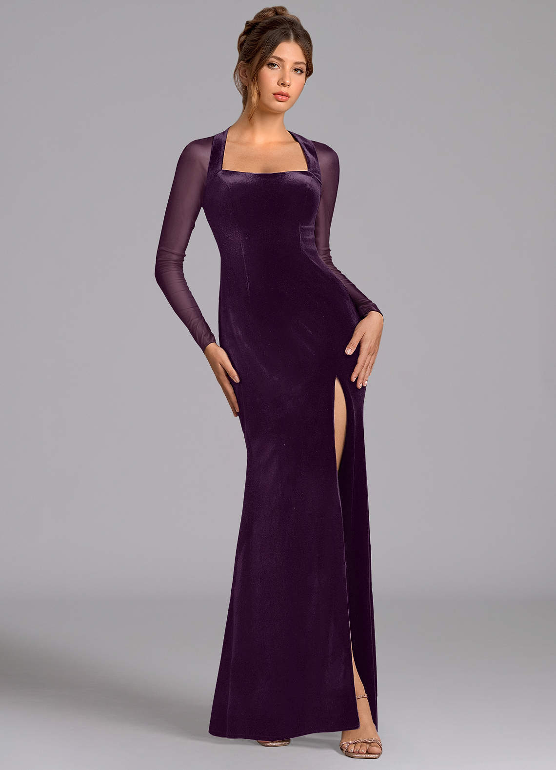 Azazie Megan Bridesmaid Dresses Grape Mermaid Long Sleeve Mesh Dress image1