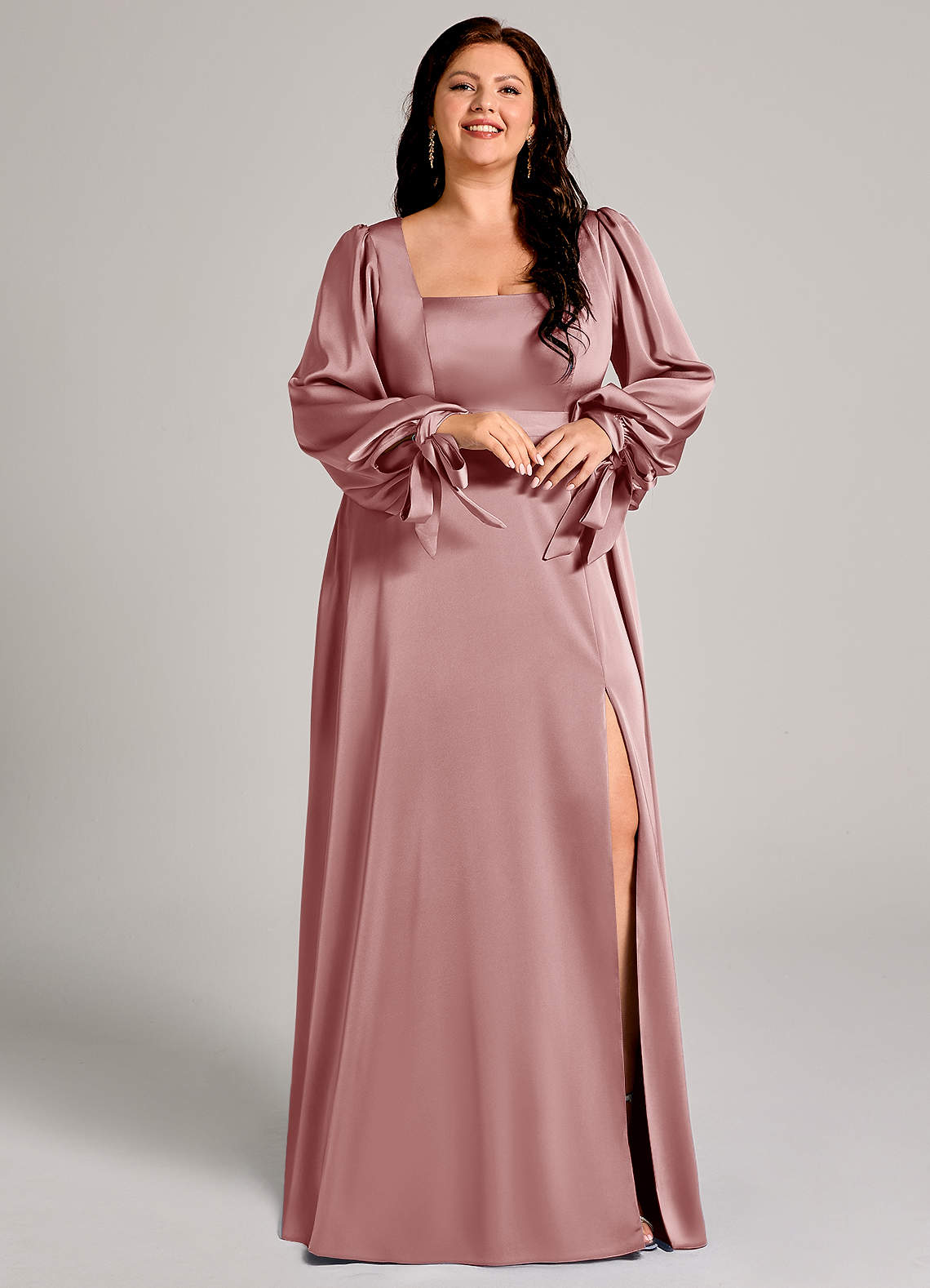 heavy satin bridesmaid dress Cassandra Modest A-Line Square Slit Long Satin Bridesmaid Dresses, Blushing Pink