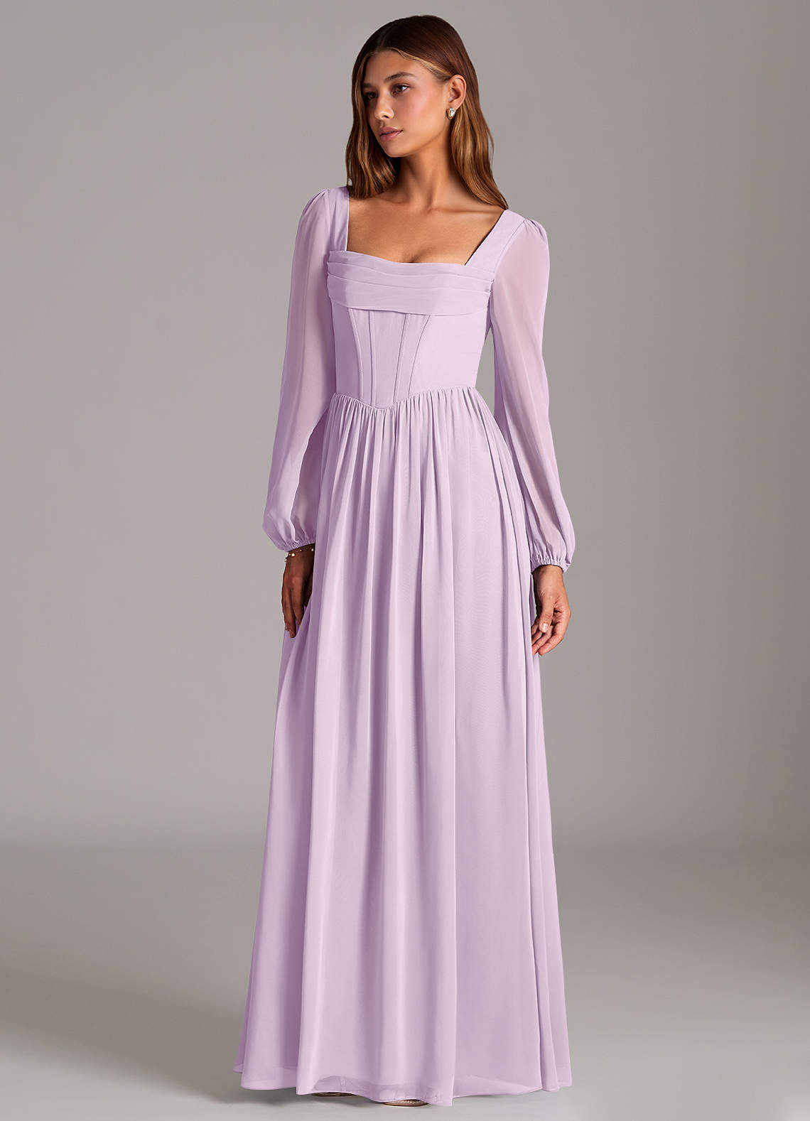 Azazie A-Line Cowl Neck Long Sleeve Floor-Length Chiffon Bridesmaid Dresses - Frosted Lilac