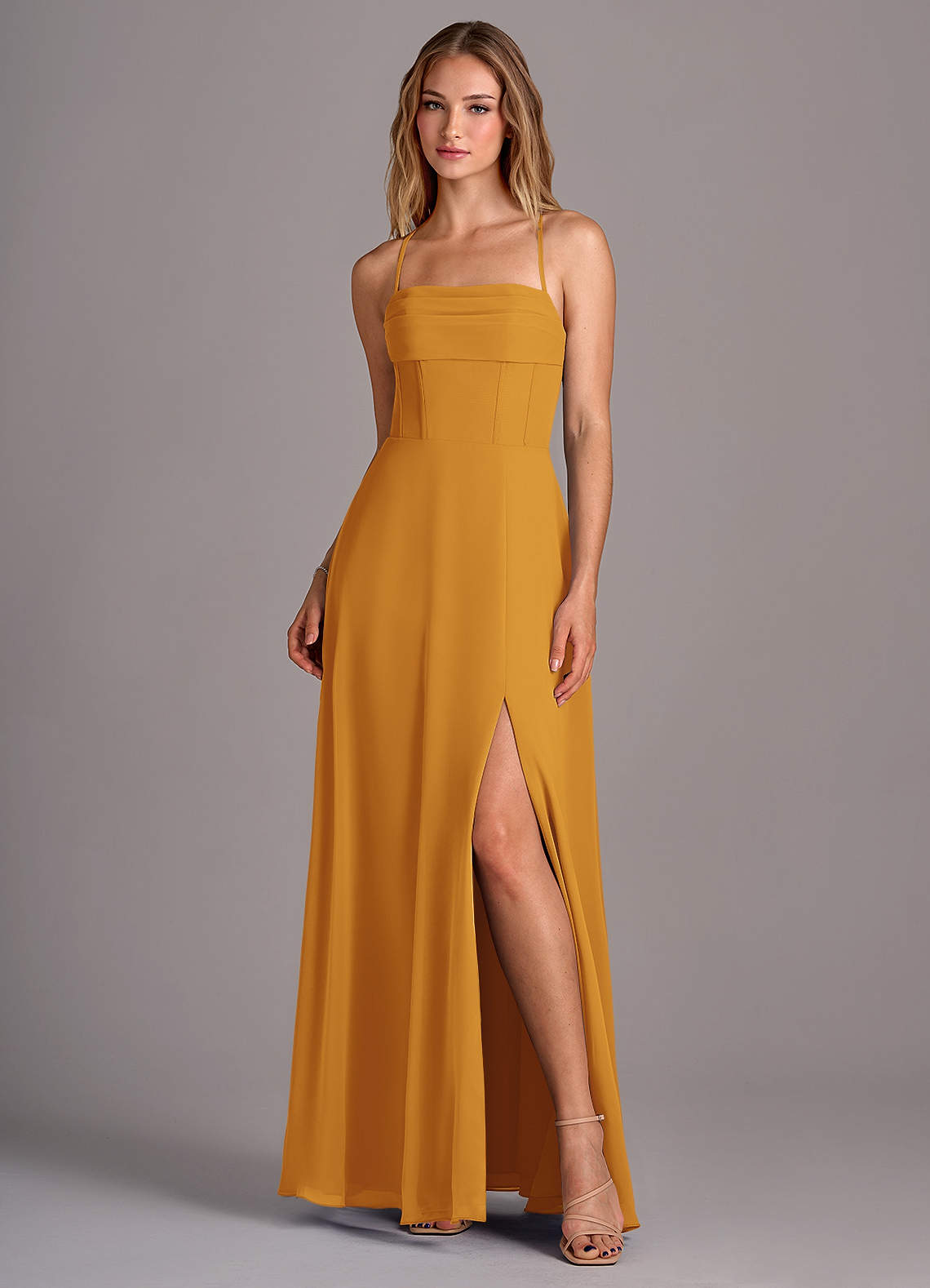 Azazie Carolyn Bridesmaid Dresses Butterscotch A-Line Pleated Chiffon Dress image1