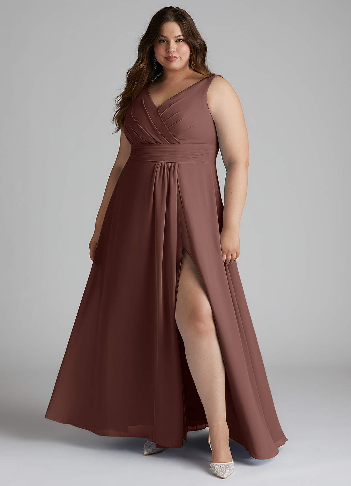 Azazie Karina At-home Try On Dresses Mulberry A-Line Pleated Chiffon Dress image5