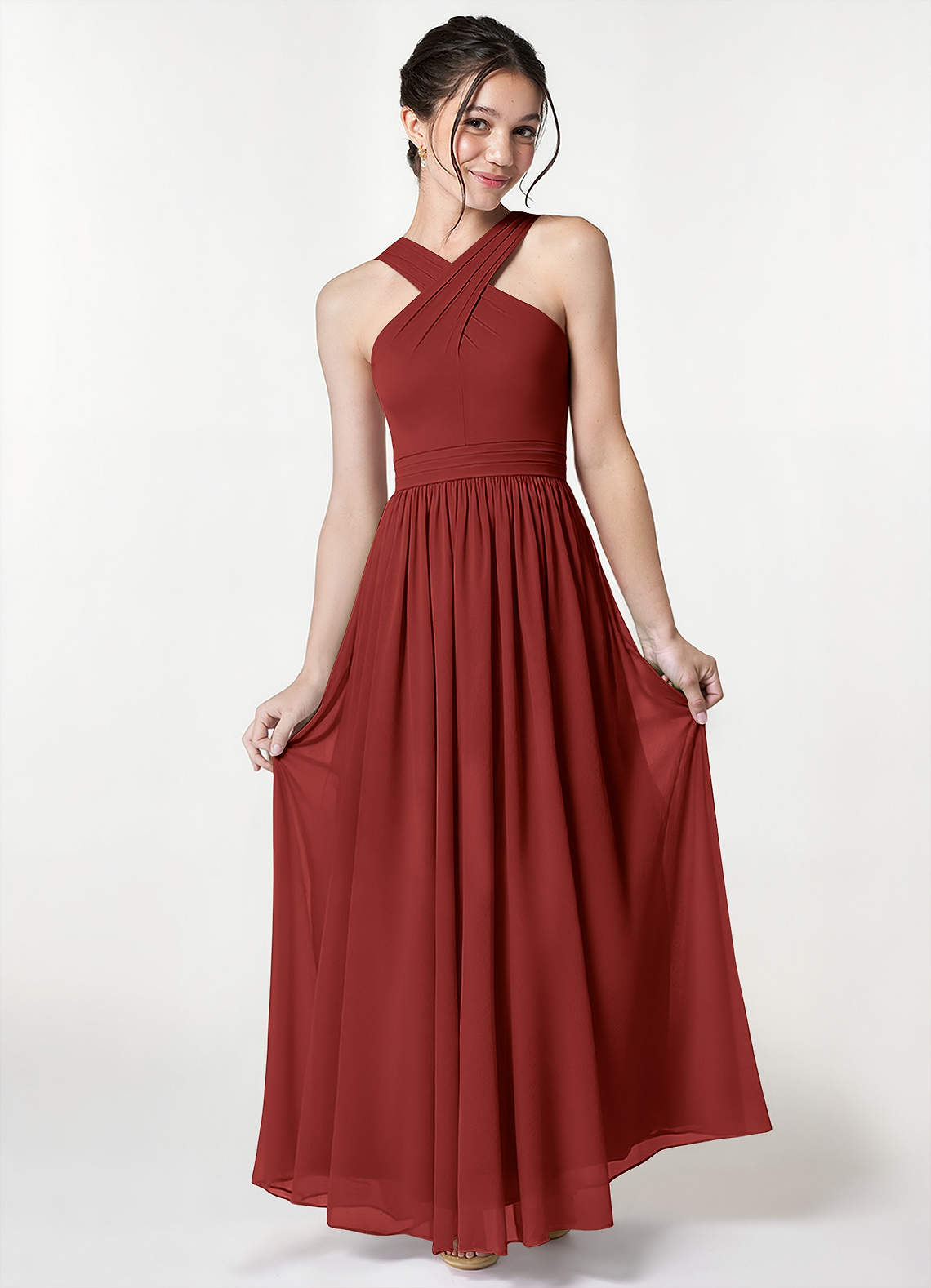 Azazie Jiya Junior Rust A-Line Pleated Mesh Dress image1