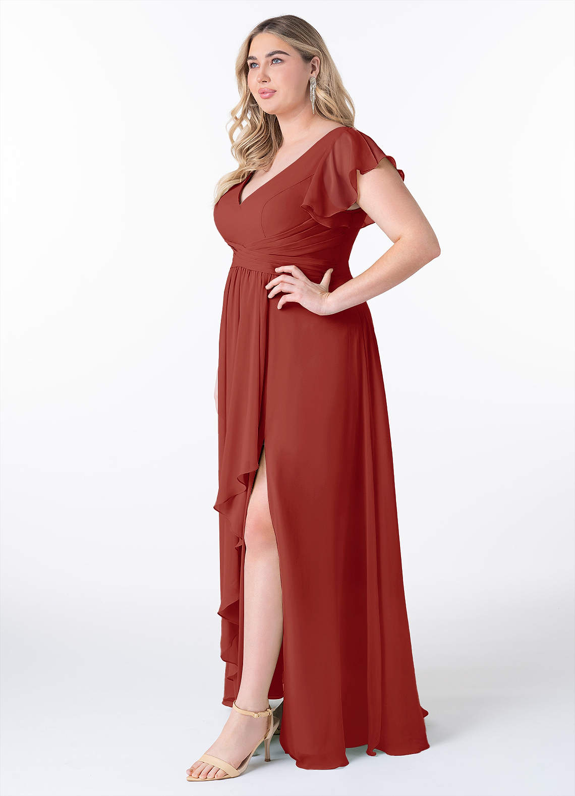 Azazie Omari Vestidos de madrinha de casamento Vestido Terracota de Chiffon de Linha A image8