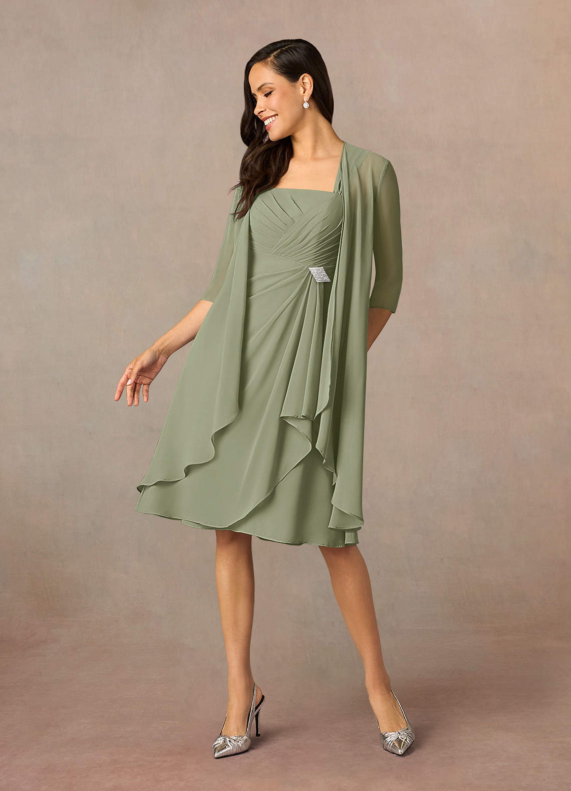 Azazie Olivia Mother of the Bride Dresses Pistachio A-Line Square Neckline Pleated Chiffon Dress image1