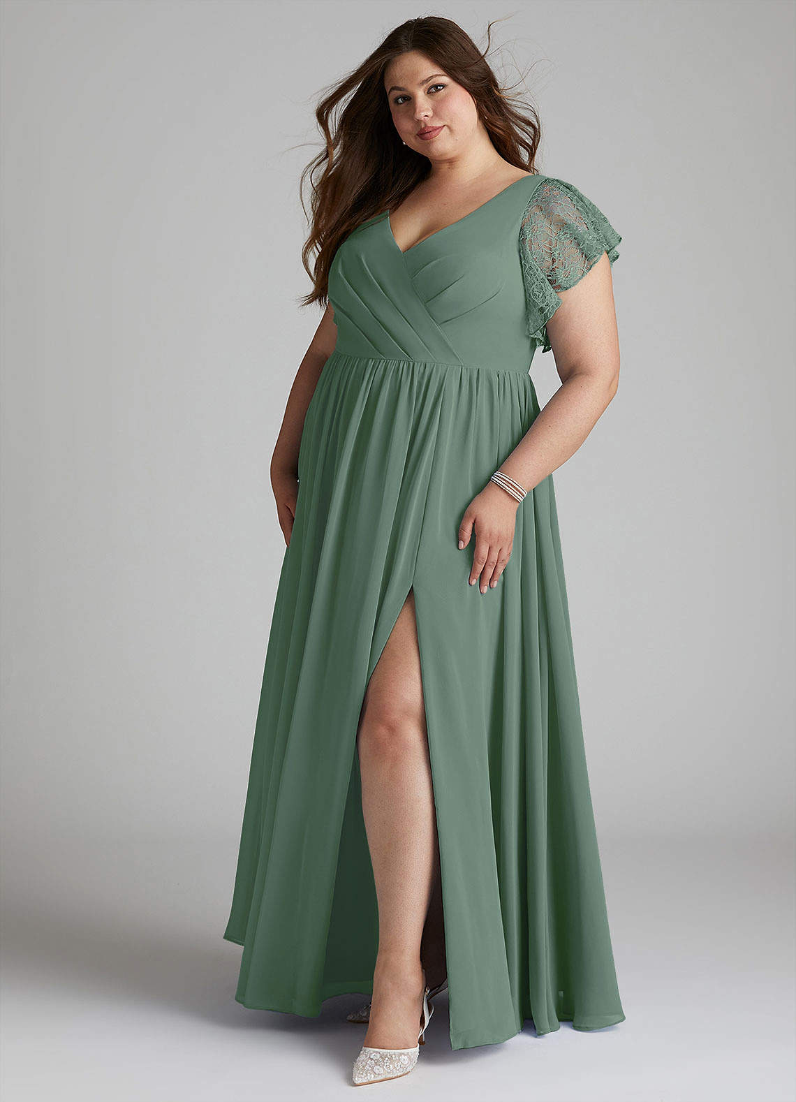 Azazie Zella Brudtärnklänningar Klä av A-Linje i Chiffong Spets Eukalyptus image8