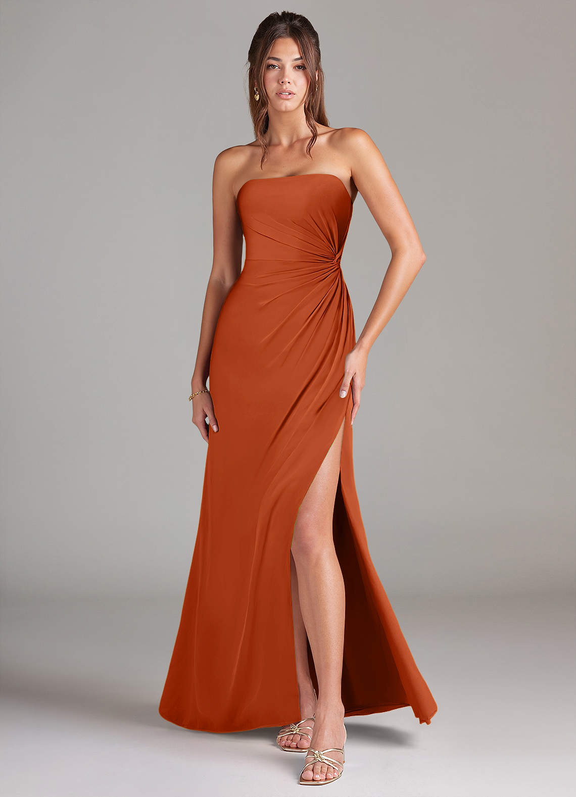 Azazie Aliani Bridesmaid Dresses Burnt Orange Sheath Strapless Chiffon Convertible Dress image1