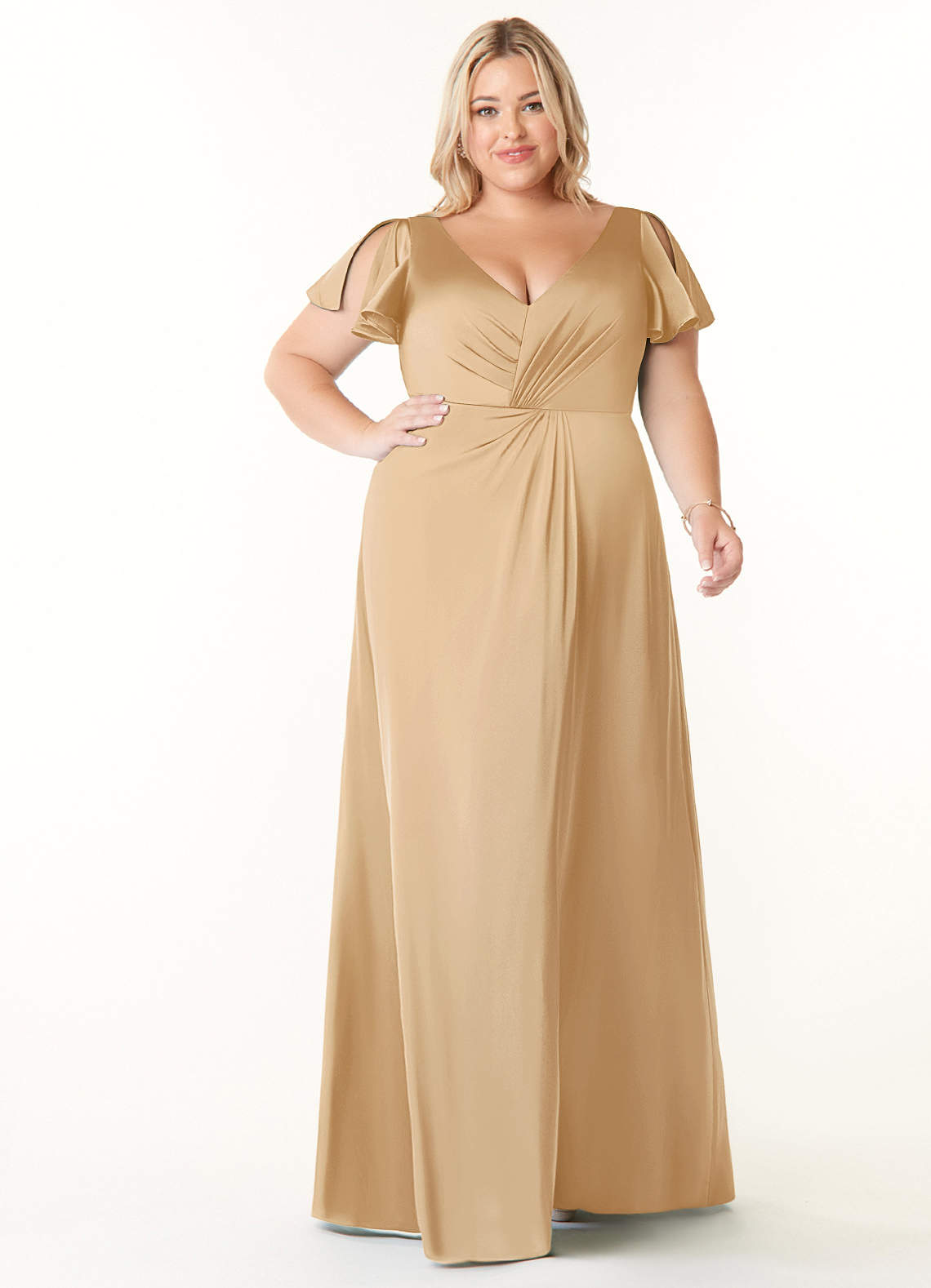 Azazie Soren Bridesmaid Dresses Gold A-Line Pleated Stretch Satin Dress image1