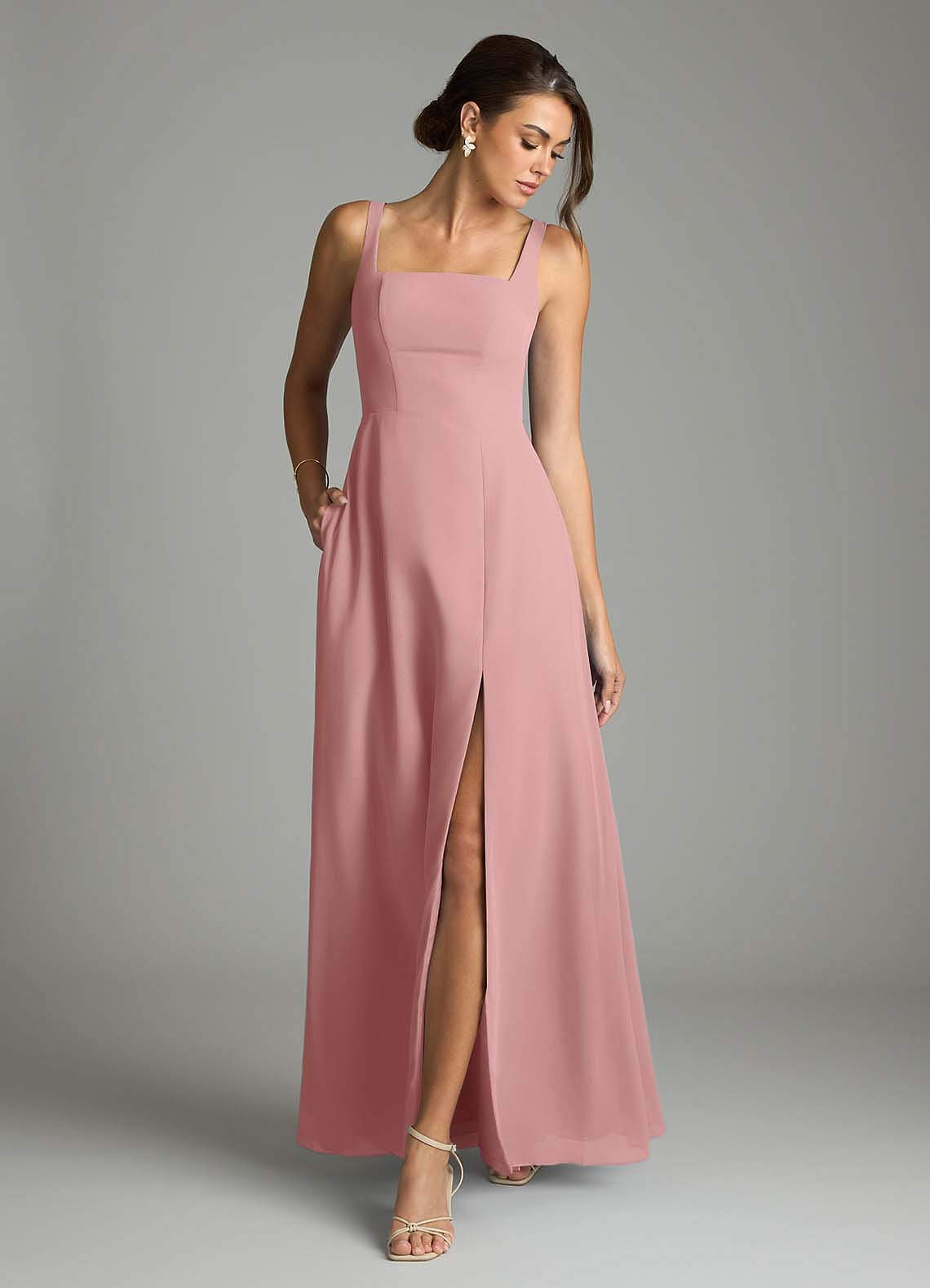 Azazie Debra Bridesmaid Dresses Dusty Rose A-Line with Pockets Chiffon Convertible Dress image3