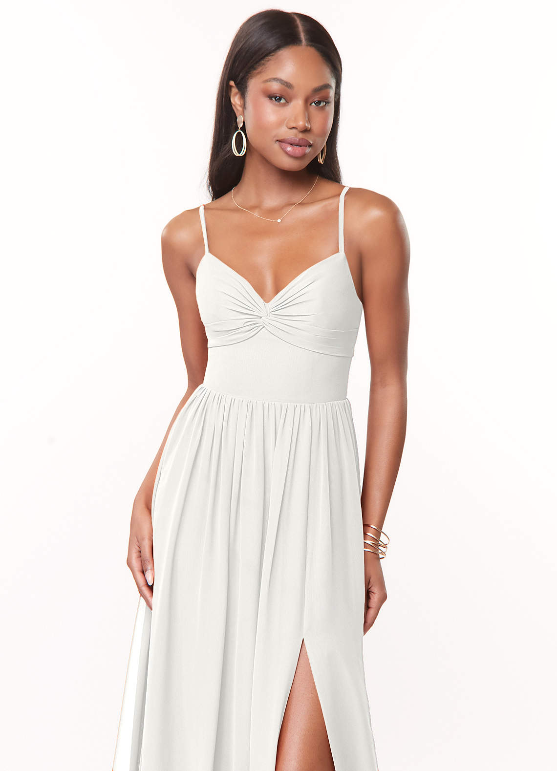 Azazie Zeya Brautjungfernkleider A-Linie V-Hals Gefaltet Chiffon Kleid Weiß image4