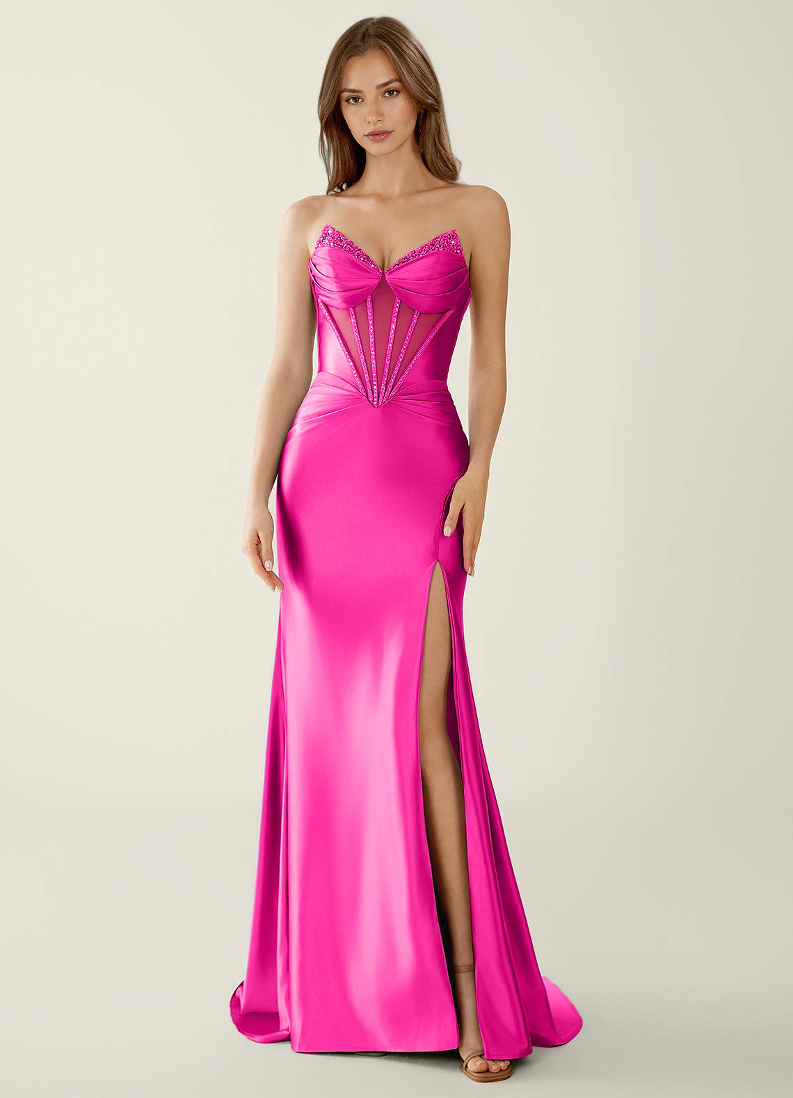 Theia Fuchsia V-Neck Corset Mermaid Prom Dress | Azazie