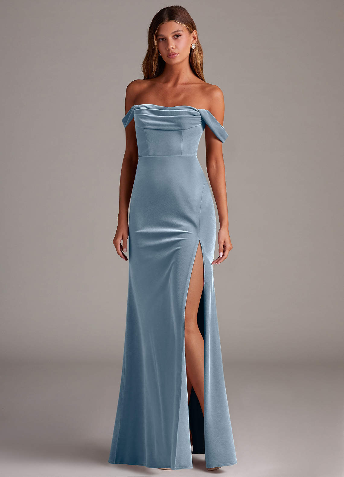 dusty blue velvet dress Azazie Saige