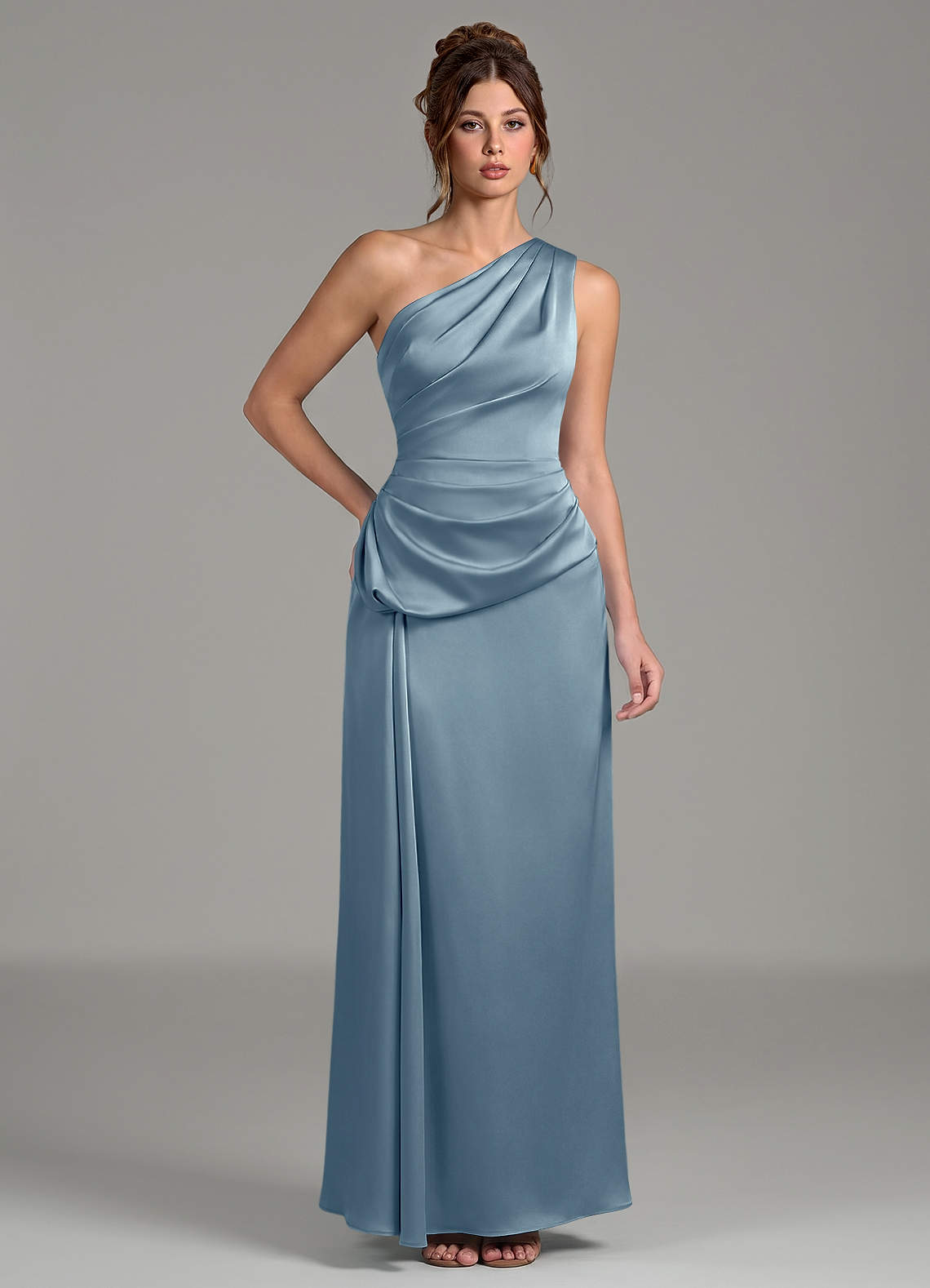 Azazie Zahira Ready to Ship Dusty Blue Stretch Satin Bridesmaid