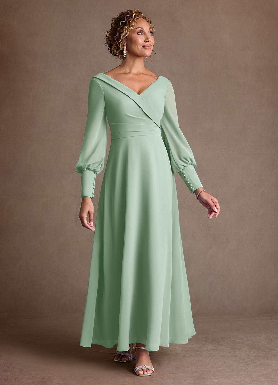Azazie Paterson Agave A-Line Pleated Chiffon Dress
