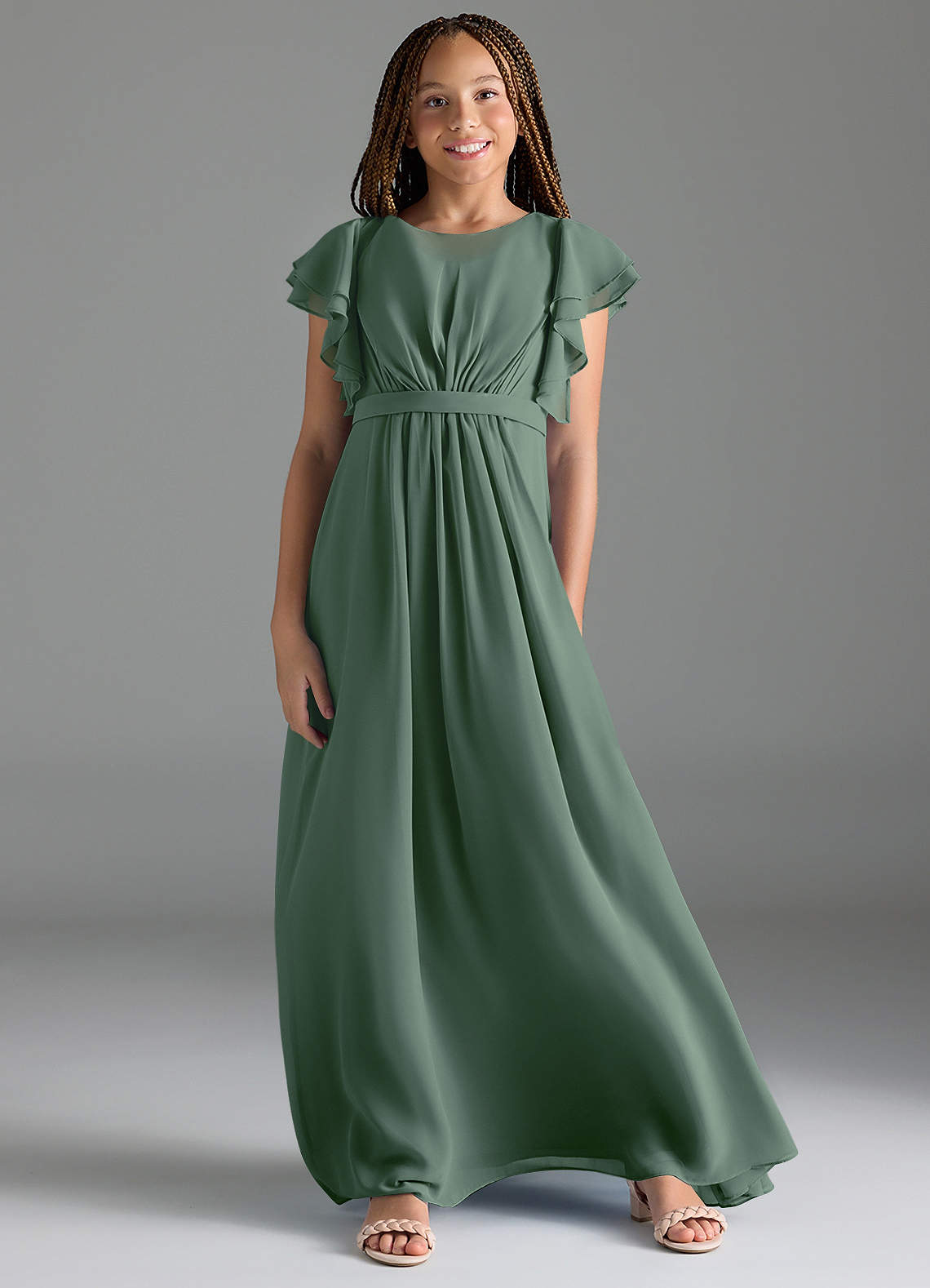 Azazie Daphne Junior A-Linie Plissee Chiffon Kleid Eukalyptus image1