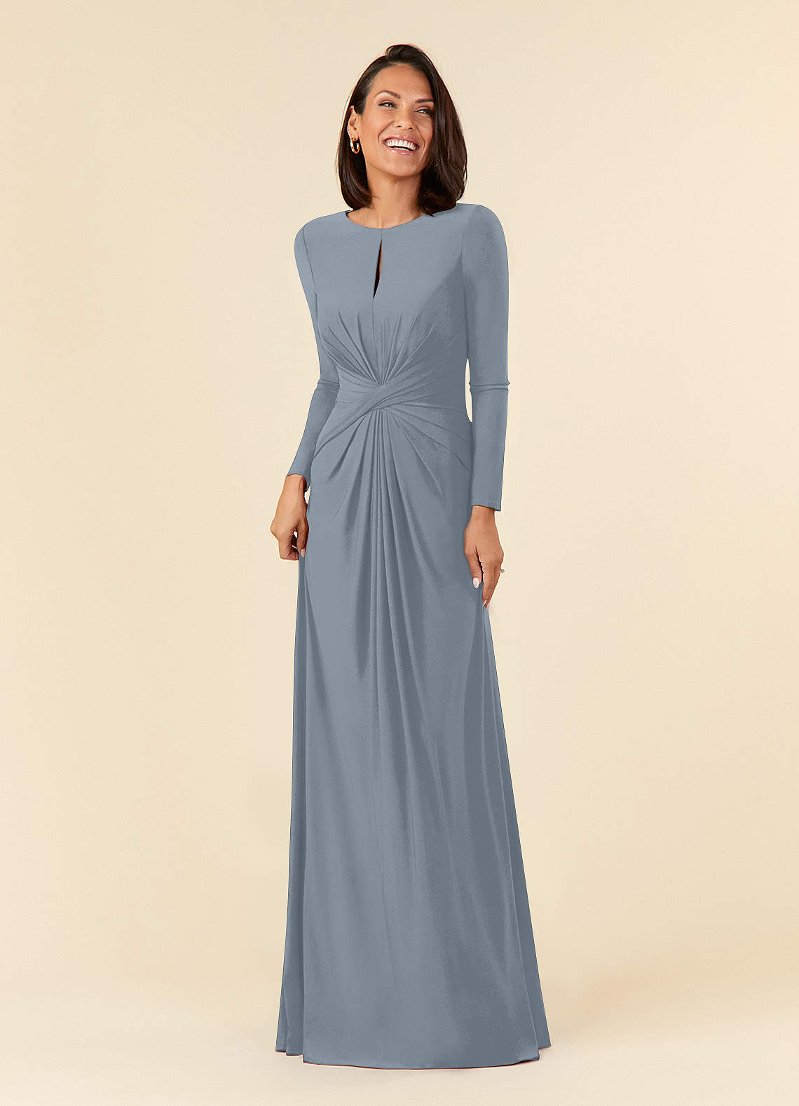 Azazie Natalya Mère de la mariée Robes Robe Trapèze en Tricot de luxe Plissée Bleu Poussiéreux image1