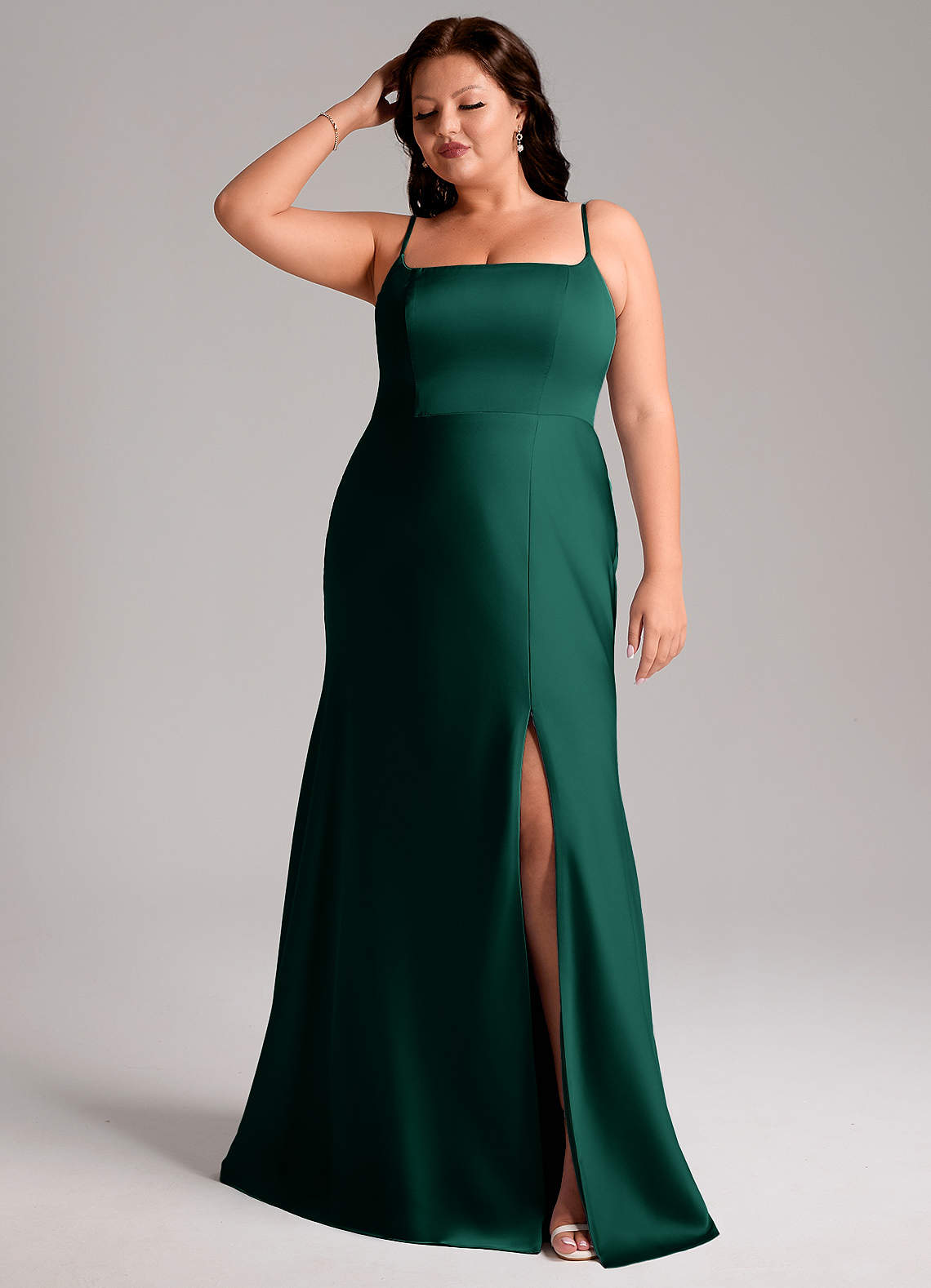 Azazie Lidia Bridesmaid Dresses Emerald Mermaid Side Slit Stretch Satin Dress image1