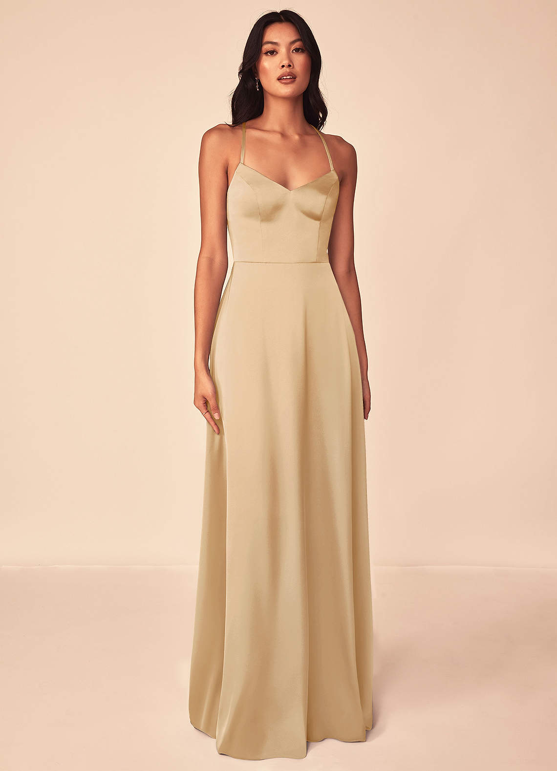 Azazie Mei Bridesmaid Dresses Gold A-Line V-Neck Stretch Satin Dress image1
