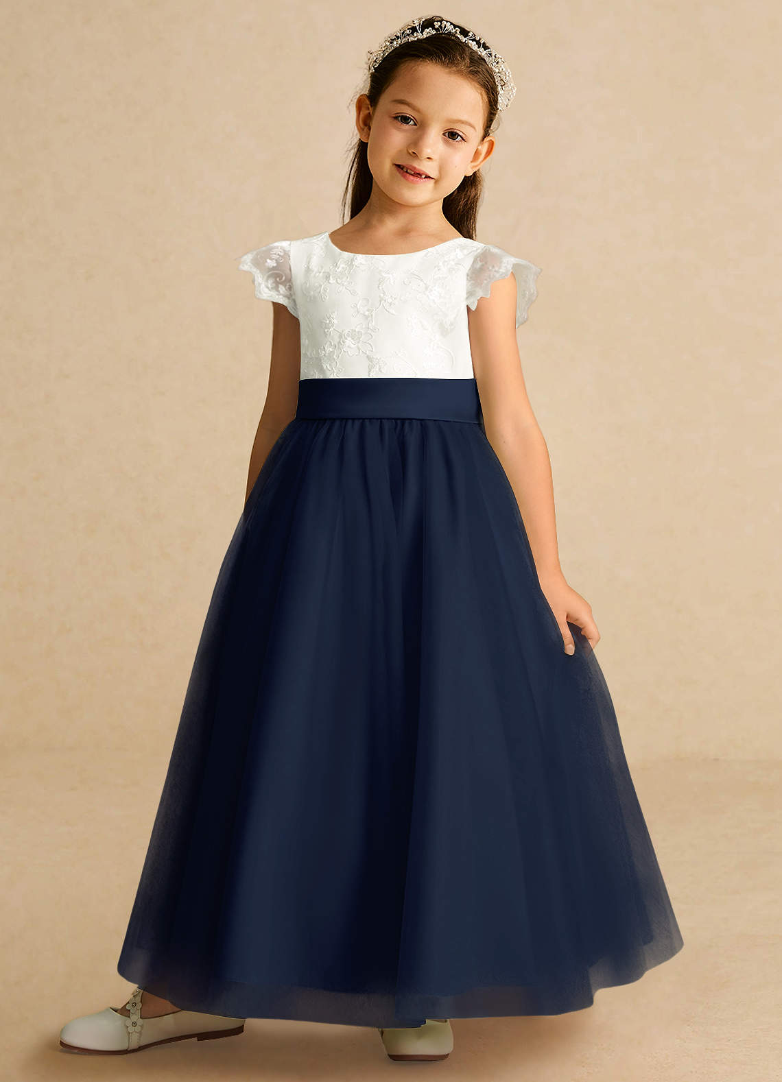 Azazie Pookie Flower Girl Dresses Dark Navy A-Line Lace Tulle Dress image1