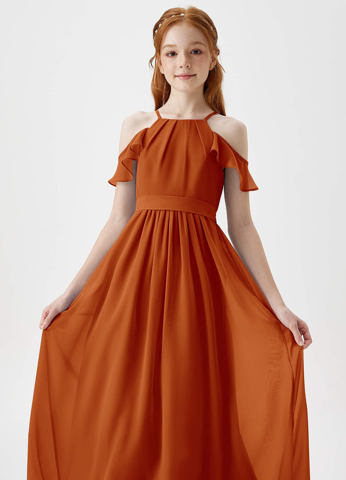 Azazie Chaya Junior Paprika A-Line Off the Shoulder Chiffon Dress image1