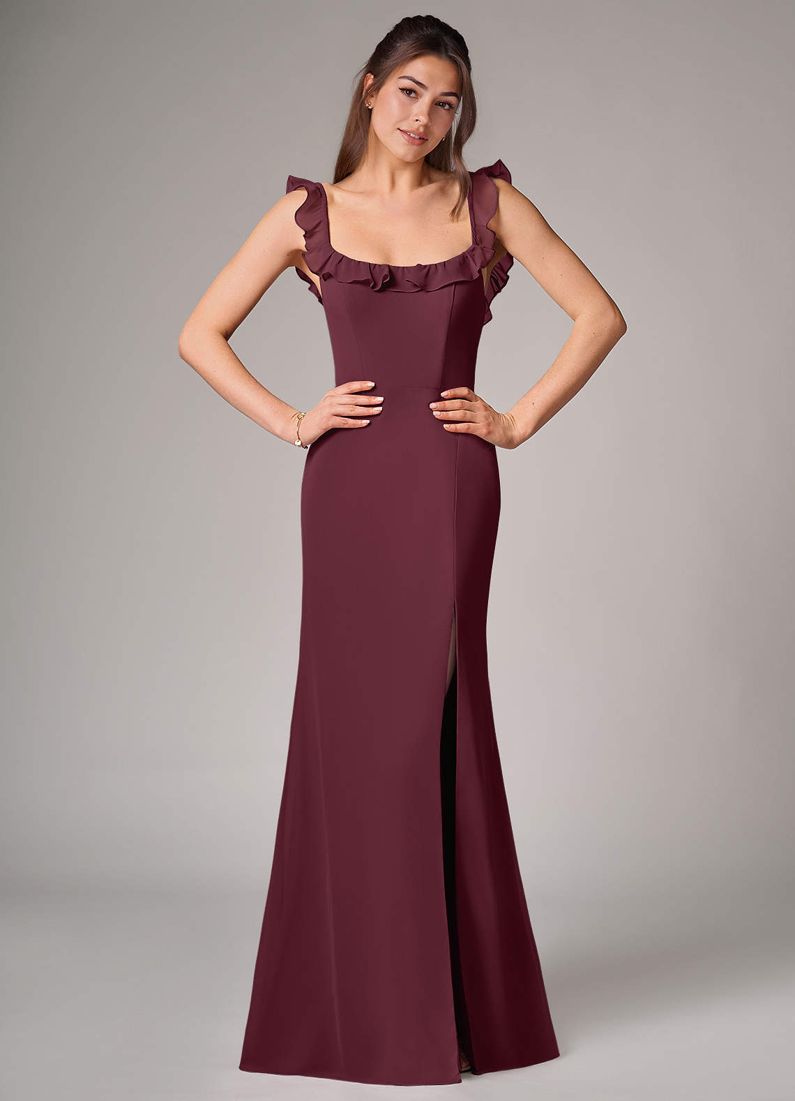 Azazie Callie Bridesmaid Dresses Cabernet Mermaid Side Slit Chiffon Convertible Dress image1