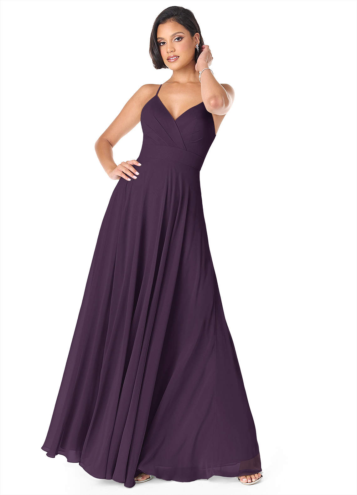 Azazie Avelina Bridesmaid Dresses Plum A-Line V-Neck Pleated Chiffon Dress image1