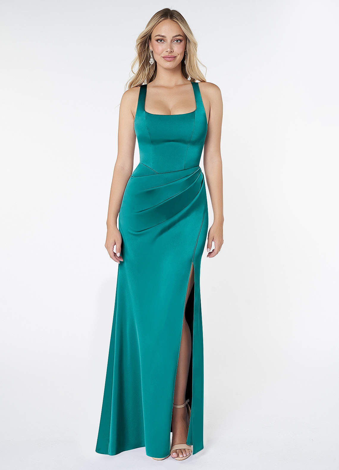 Azazie Mero Bridesmaid Dresses Teal Sheath Pleated Stretch Satin Dress image1