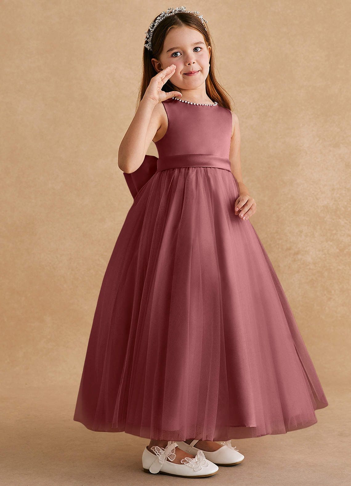 Azazie Cookie Vestidos de florista Vestido Ametista de Tule de Linha A com Arco image1