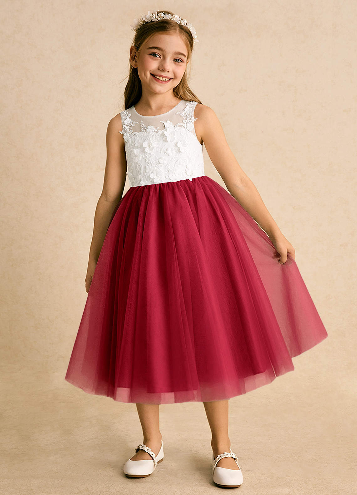 Girls Party Dress / Birthday Dress Azazie Lina Tulle Ivory/Scarlet Flower Girl Dresses Size UK 2