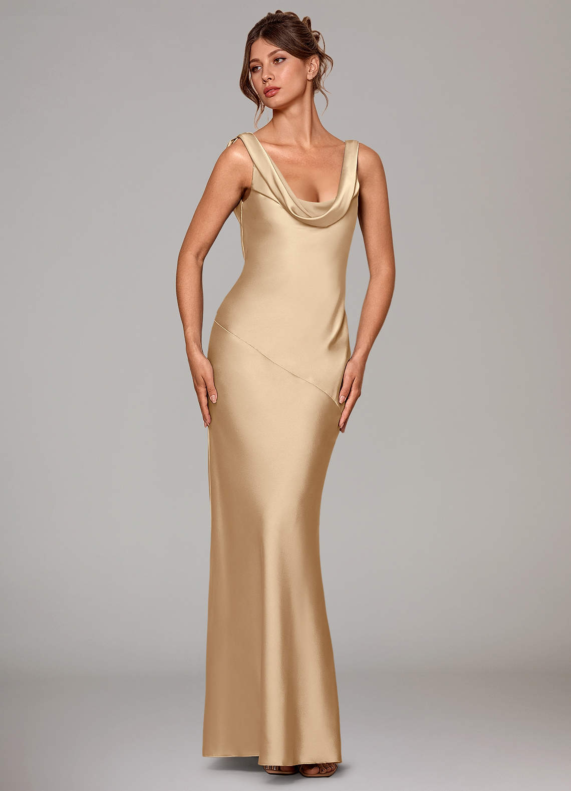 Azazie Rylina Bridesmaid Dresses Champagne Mermaid Stretch Satin Dress image2
