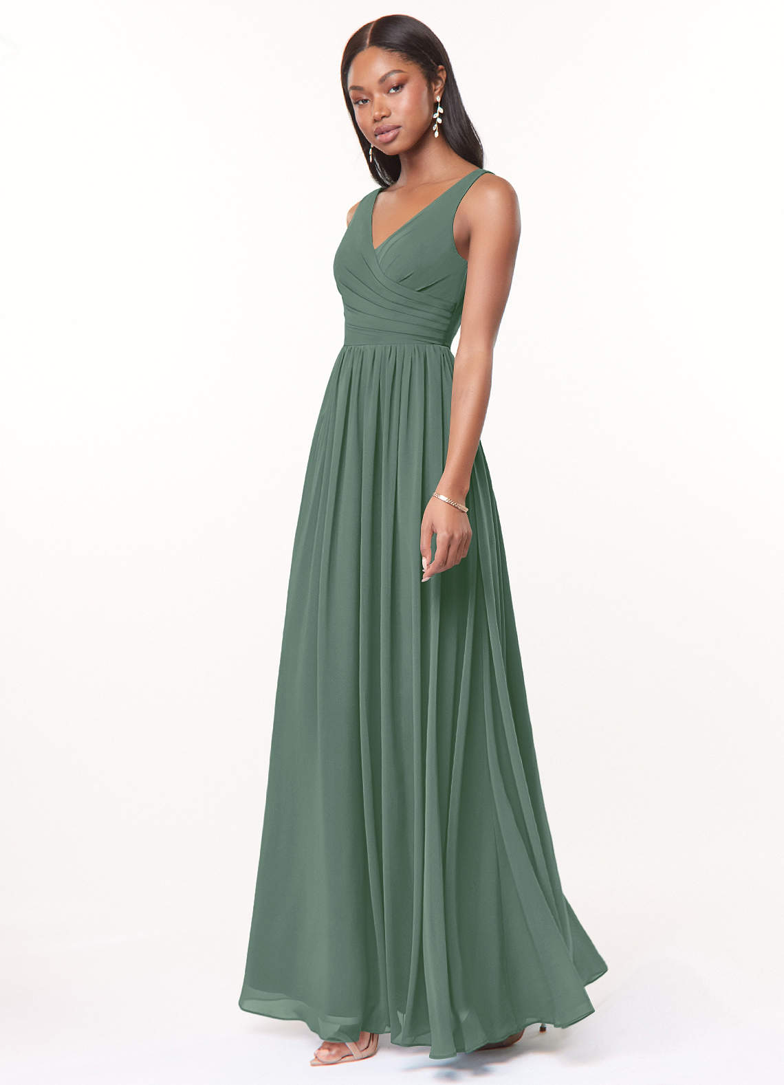 Azazie Keyla Bridesmaid Dresses Eucalyptus A-Line V-Neck Pleated Chiffon Dress image2