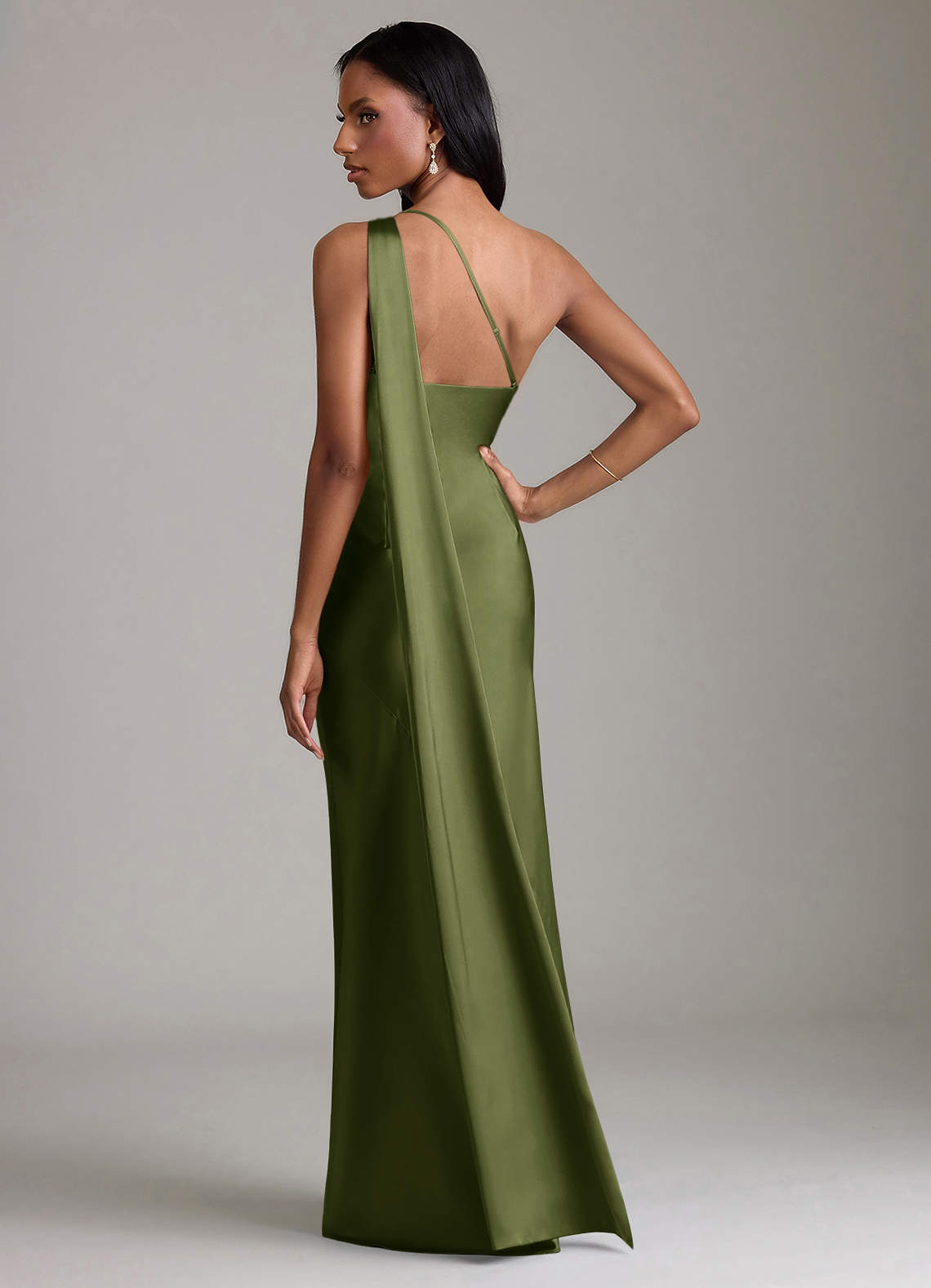 Azazie Juniper Brudtärnklänningar Klä av Sjöjungfru i Stretch Satin Ena axeln Oliv image5
