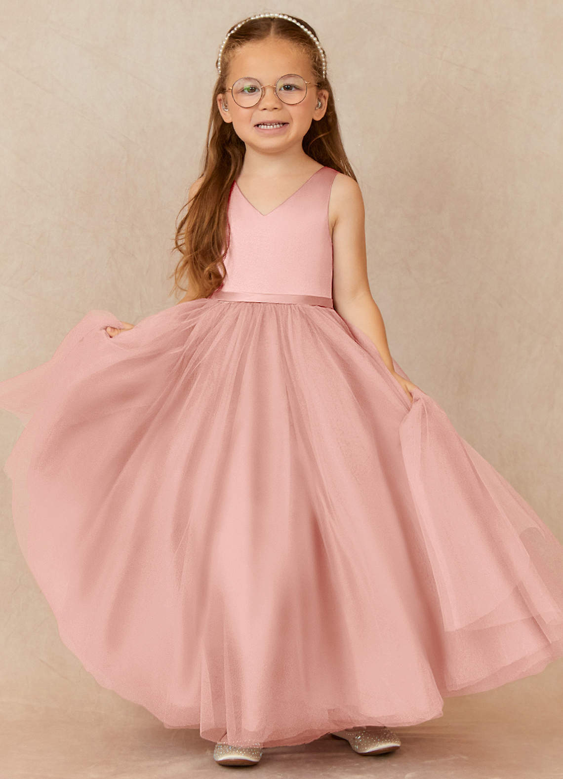 Azazie Marybell Blumenmädchenkleider A-Linie Schleifen Tüll Kleid Rosettenrosa image1