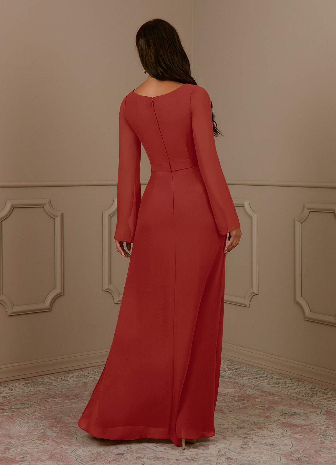 Azazie Belinda Mère de la mariée Robes Robe Trapèze en Mousseline de soie Col V plissé Terracotta image1