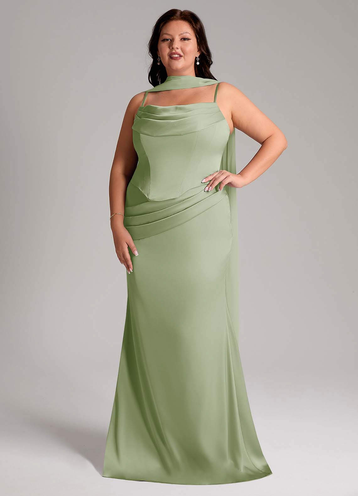 Azazie Sorrel Vestidos de damas de honor Vestido de Salvia Polvorienta de Satén Elástico de Corte Sirena Convertible con Sin tirantes image1