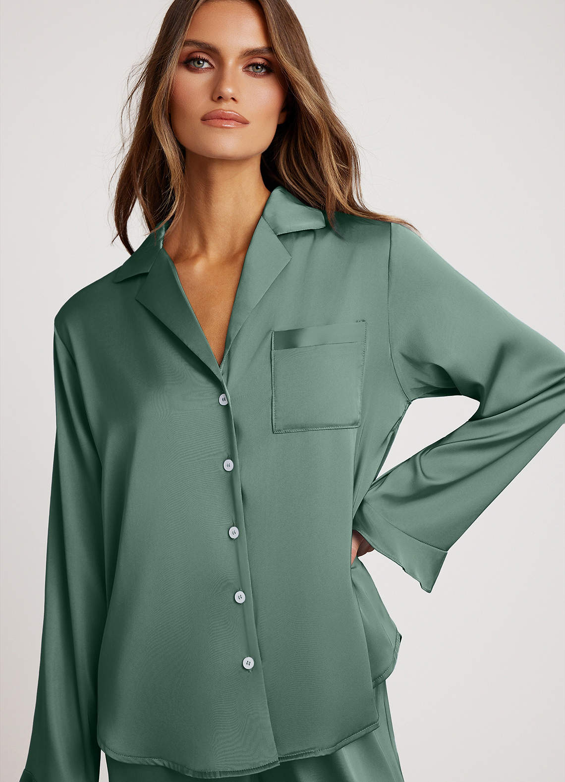 front Ruffled Satin Long Sleeve Pajama Set