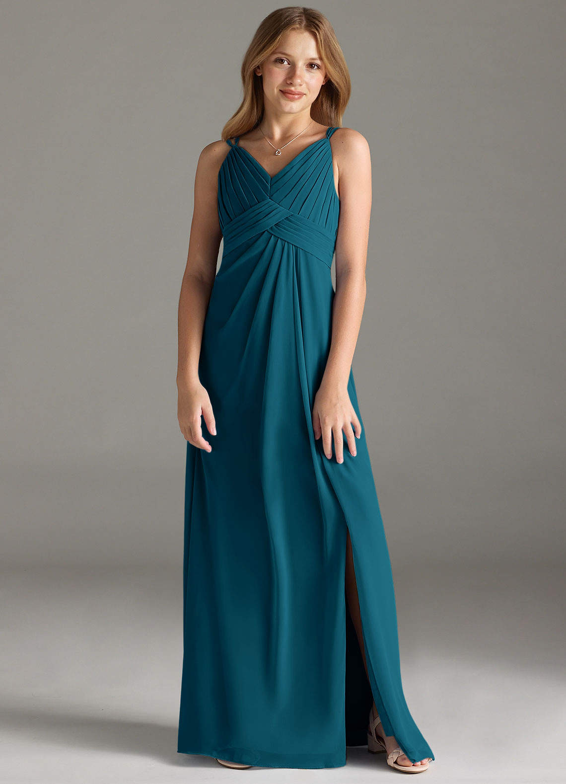 Azazie Maren Allure Junior Abito A-Line in Chiffon Pizzo Blu Inchiostro image1