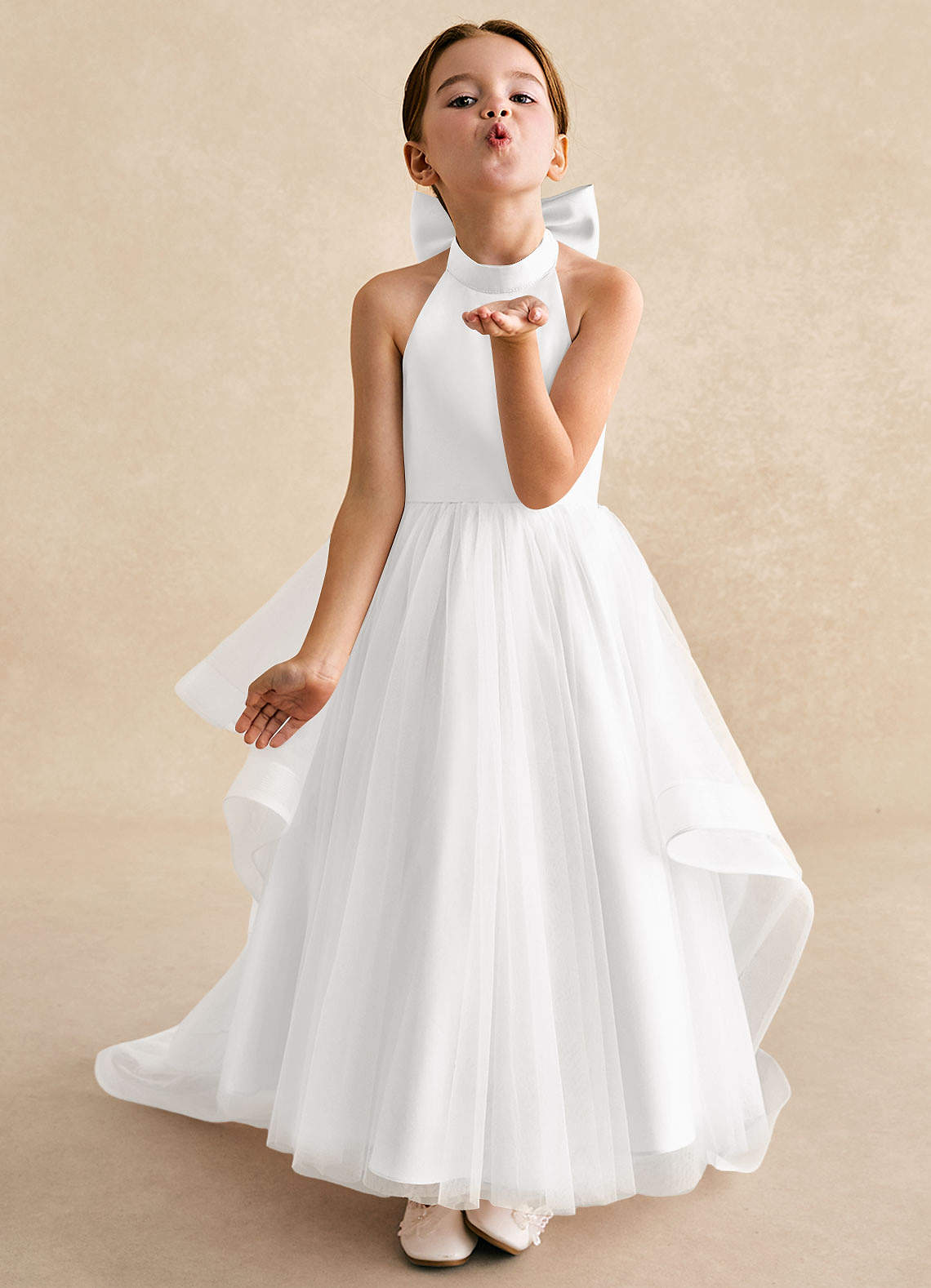 Azazie Bev Blumenmädchenkleider A-Linie Cabrio Tüll Kleid Weiß image3