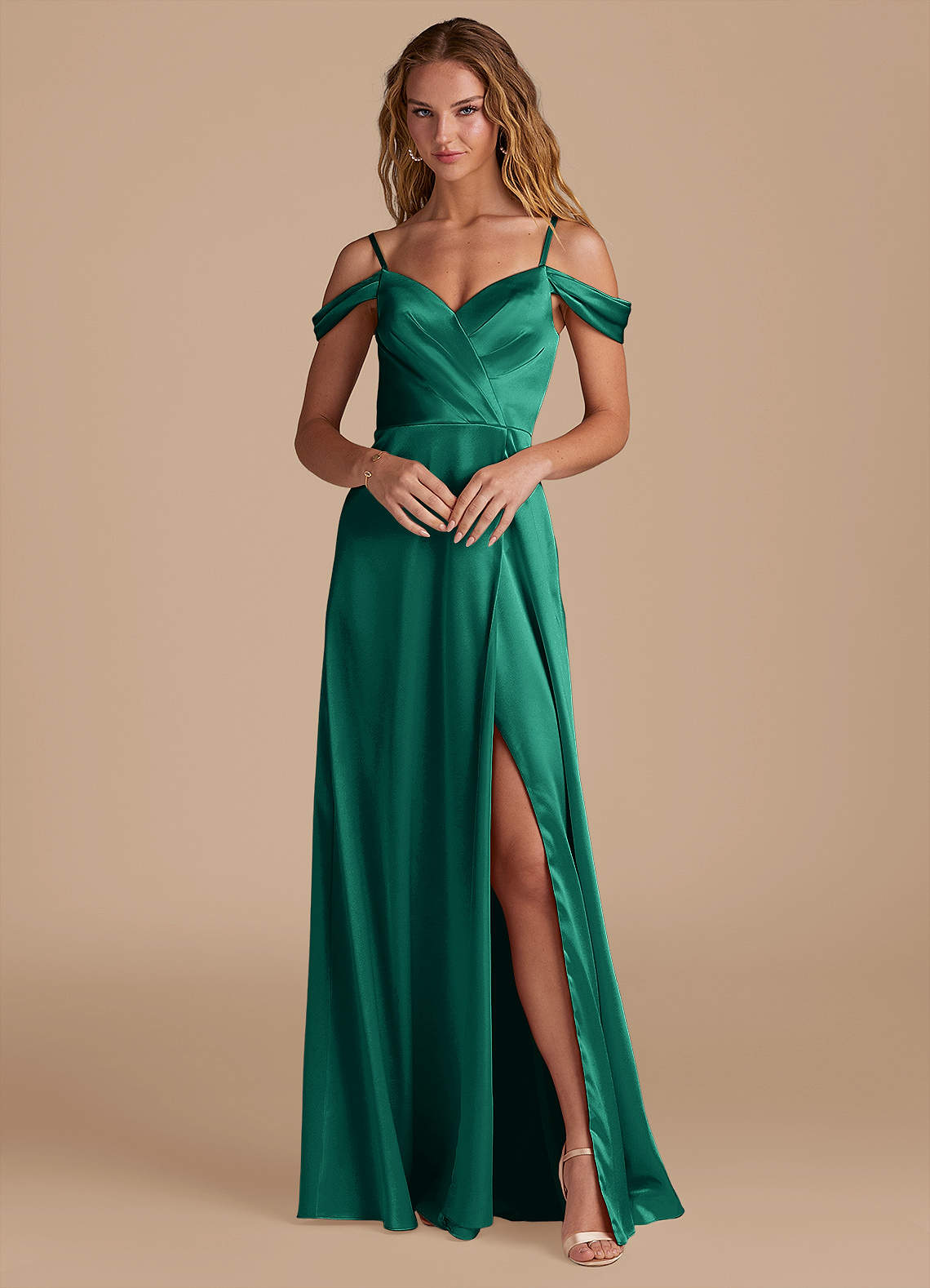 Azazie Ocean Bridesmaid Dresses Emerald A-Line Off the Shoulder Metallic Satin Dress image1