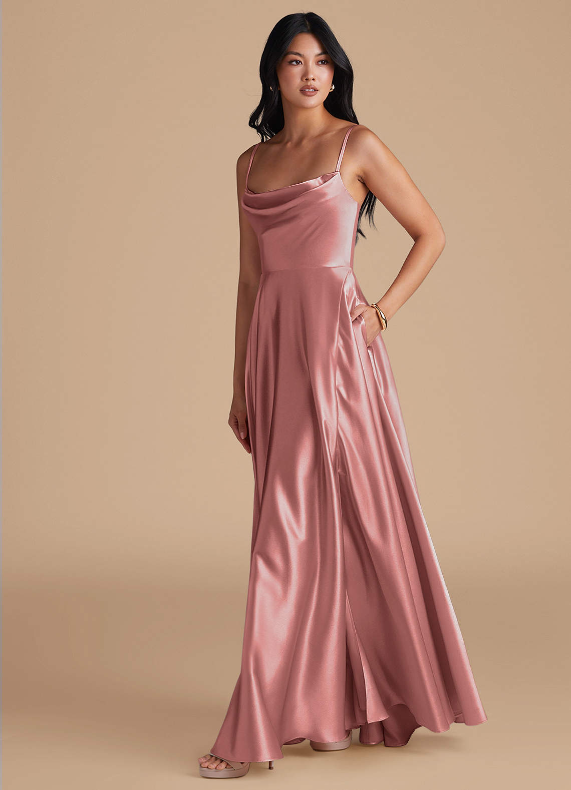 Azazie Elle Bridesmaid Dresses Dusty Rose A-Line with Pockets Metallic Satin Dress image5