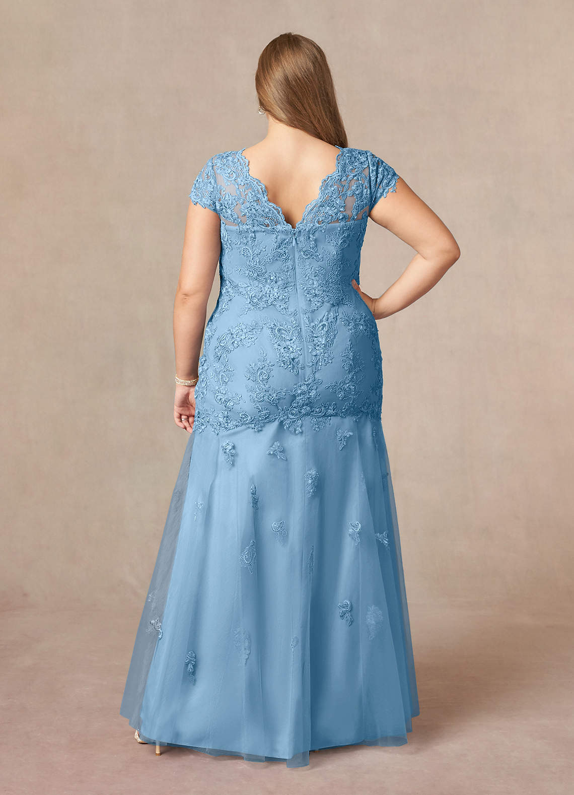 Azazie Marbella Mother of the Bride Dresses Steel Blue Mermaid Queen Anne Sequins Lace Dress image8