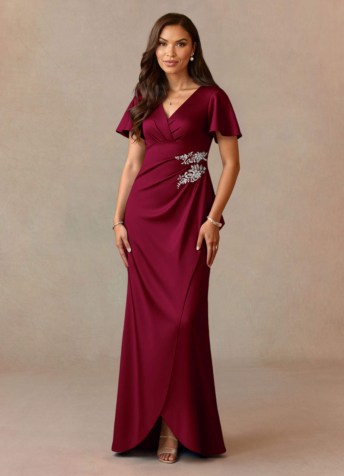 Azazie Robins Mother of the Bride Dresses Burgundy A-Line Pleated Stretch Satin Dress image1