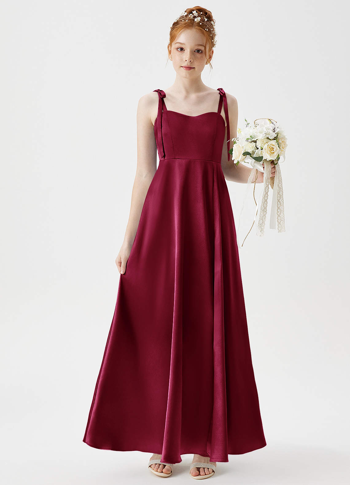 Azazie Rosey Junior A라인 메탈릭 새틴 플로어 길이 주니어 신부 들러리 드레스 드레스 image1