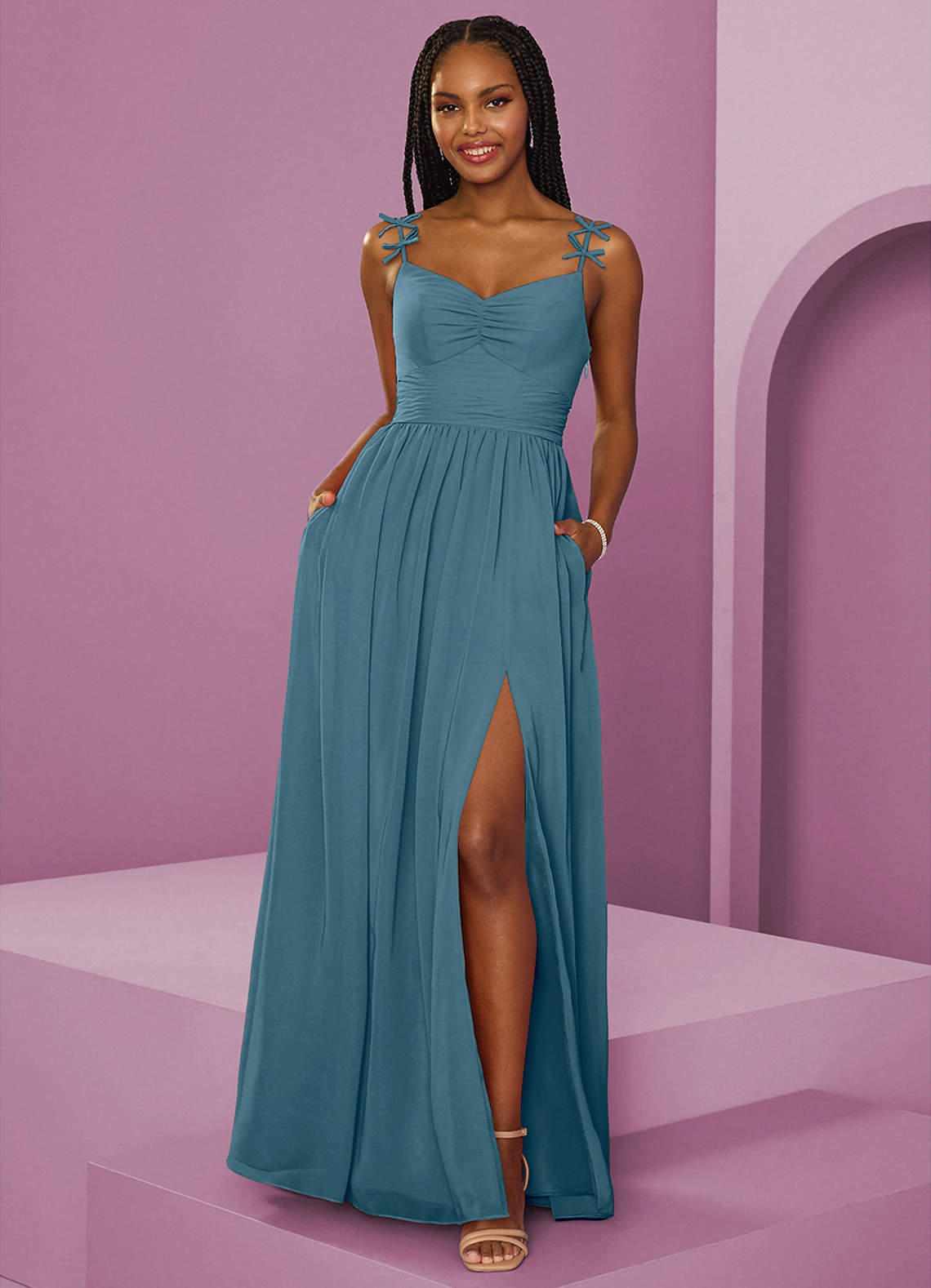 Barbie ♥ Azazie Brautjungfernkleider A-Linie Plissee Chiffon Kleid Bermudablau image1