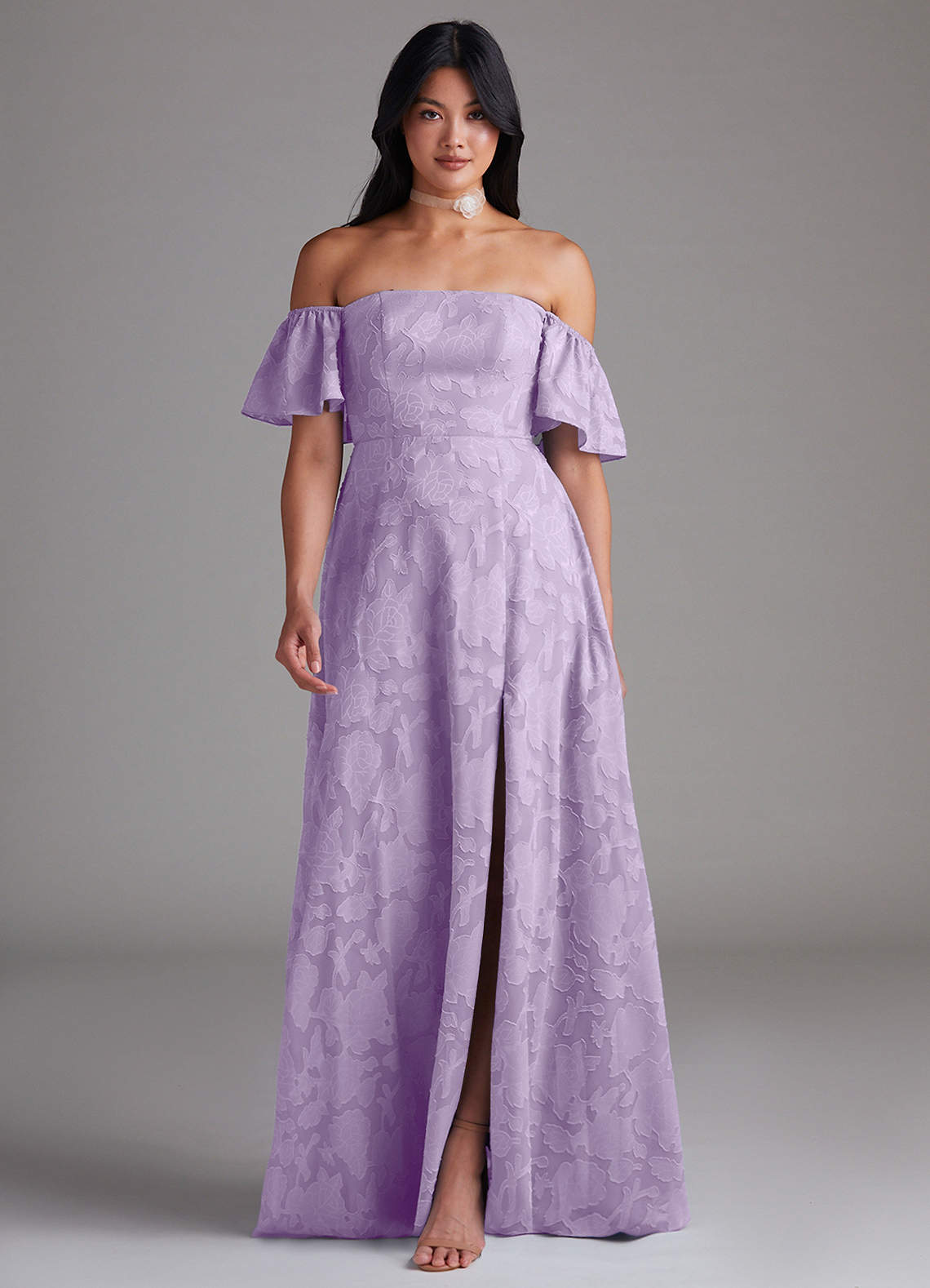 Azazie Sue Bridesmaid Dresses Lilac A-Line Off the Shoulder Floral Burnout Convertible Dress image1