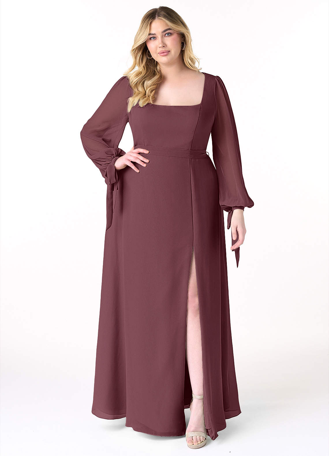 Azazie Leonia Brautjungfernkleider A-Linie Langarm Chiffon Kleid Sangria image1